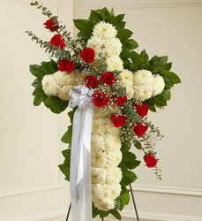 White Standing Cross <BR>with Red Rose Break Davis Floral Clayton Indiana from Davis Floral