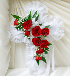 Red and White Satin<br> Cross Casket Pillow Davis Floral Clayton Indiana from Davis Floral